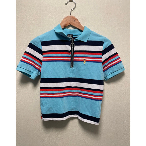 Rokit Recycled Tops - Vintage Juniors Polo Shirt Small Striped Cropped 1/2 Zip Sporty Grunge 90s Y2K